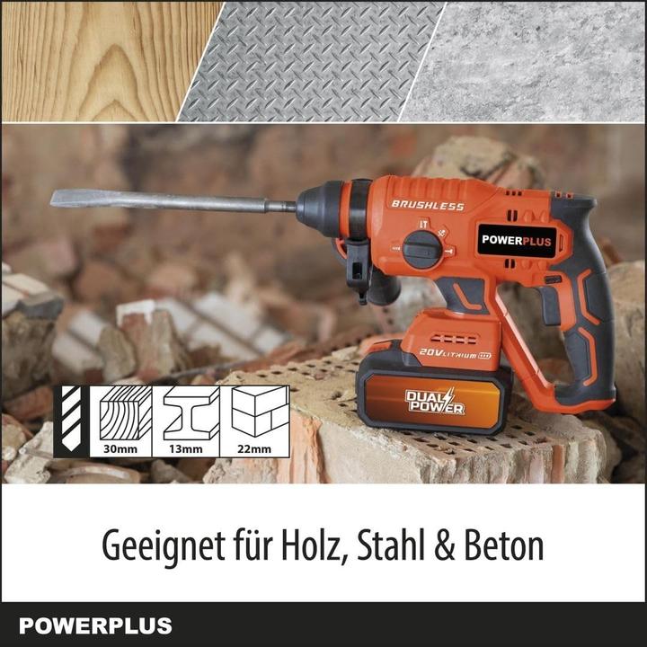 Produktbild Powerplus Dual Power Bohrhammerl set 20V- inkl. Akku 20V 2.0Ah und Ladegerät - 5 Acc.