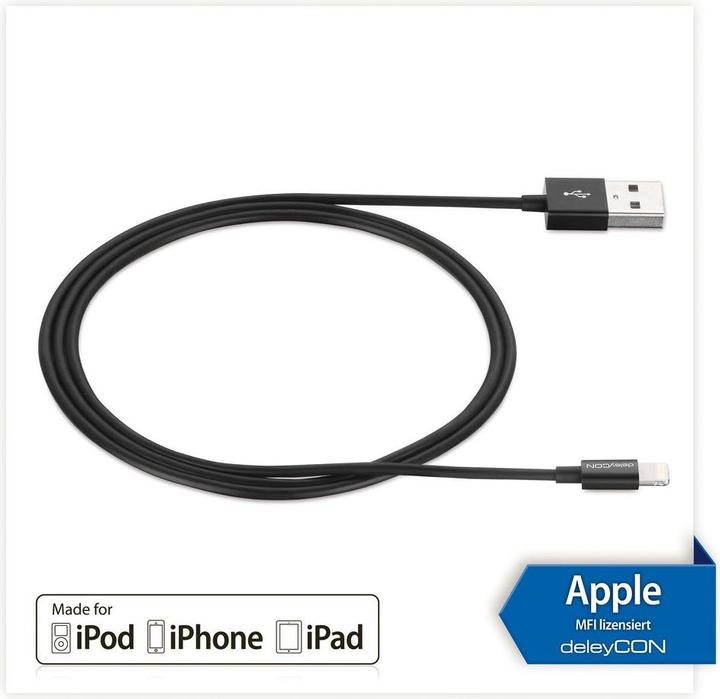 Actual product image deleyCON Lightning USB cable 2m, black (2 m, USB 2.0)