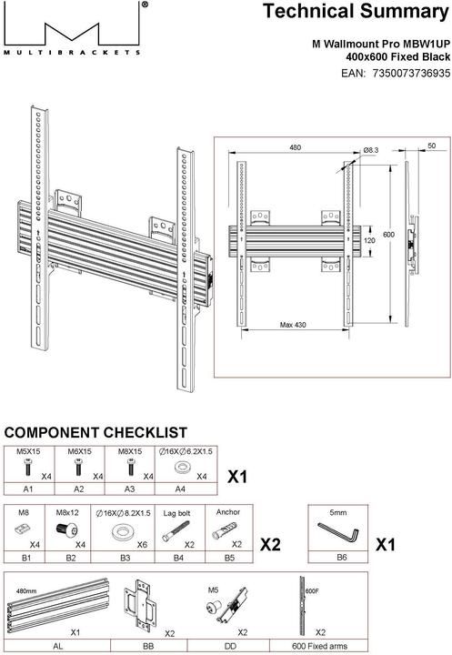 Actual product image Multibrackets Wall mount, 40"-100", VESA 100x100-400x600 (Wall, 100", 80 kg)
