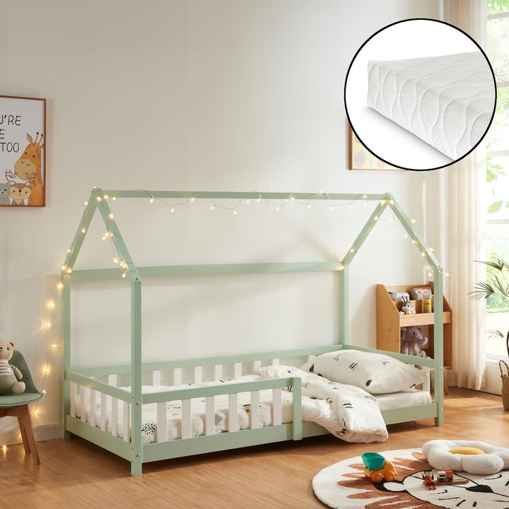 Produktbild En.Casa Hausbett Hesel mit Matratze und Rausfallschutz 90x200cm Mintgrün (90 x 200 cm)