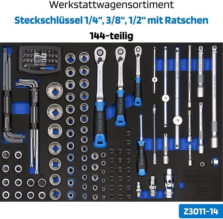 Produktbild SW-Stahl Z3113 Profi Werkstattwagen TT801 blau I 8 Schubladen I 4 Schubladen gefüllt I 246 teilig I (246 x)