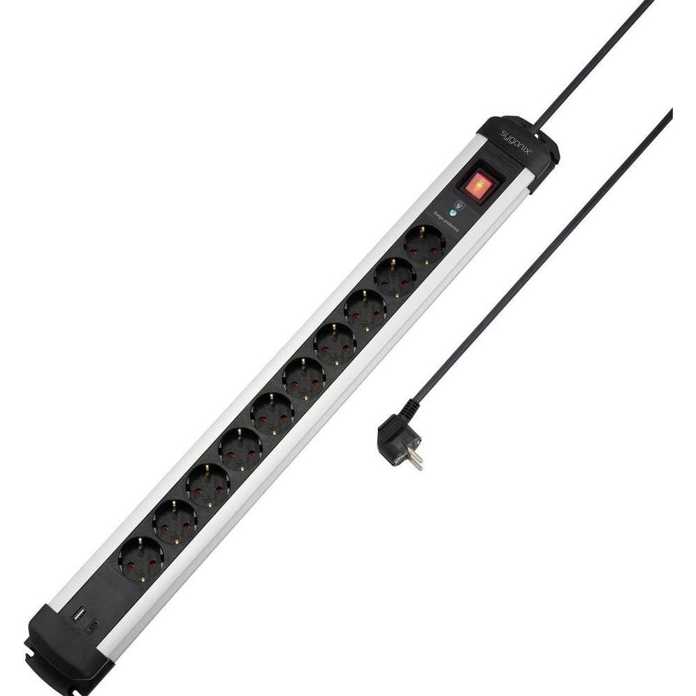 Sygonix, Ciabatta multipresa, SY-6807136 Überspannungsschutz-Steckdosenleiste 10fach Schwarz, Silver S (10x, CEE 7/3)