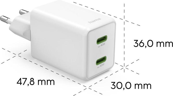 Produktbild Hama Schnellladegerät, GaN, 2x USB-C, Super-Mini-Ladegerät, PD, 40 W, Weiss (40 W, 2 Ports)