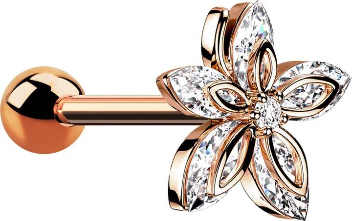 Produktbild Star Piercing Micro Barbell rosegold mit Kugel und Blume fünf Kristallblätter (Messing, Chirurgenstahl 316L)