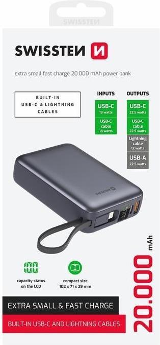 Actual product image Swissten Power Bank 20000 Mah with Built-In Cables USB-C and Lightning Space Silver (20000 mAh, 22.50 W, 74 Wh)