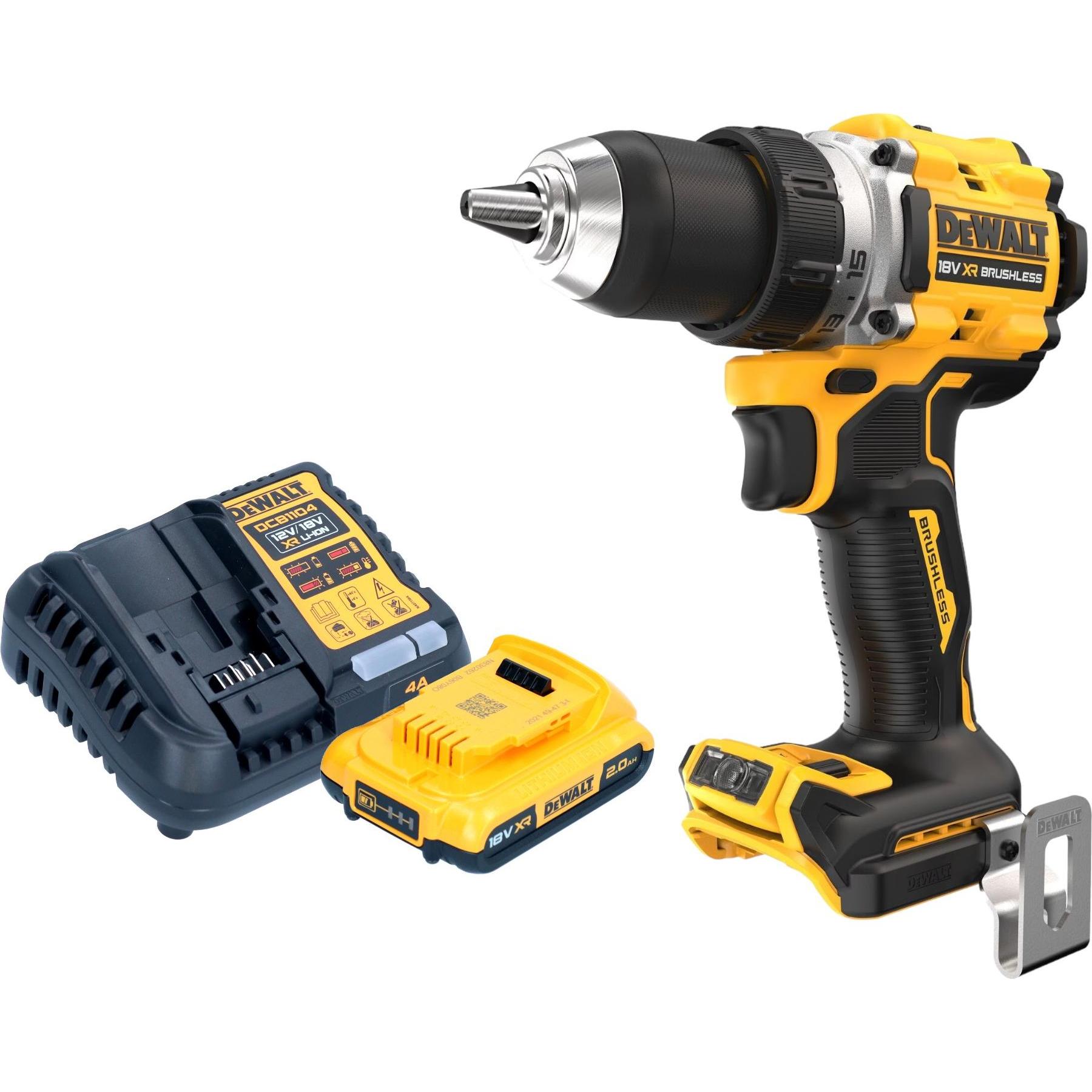 DeWalt, Bohrmaschine + Akkuschrauber, DCD 800 D1 Akku Bohrschrauber 18 V 90 Nm Brushless + 1x Akku 2,0 Ah + Ladegerät (A...