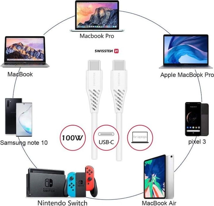 Produktbild Swissten Datenkabel TPE USB-C/USB-C Power Delivery 5A (100W) 2.5m Weiss (2.50 m)