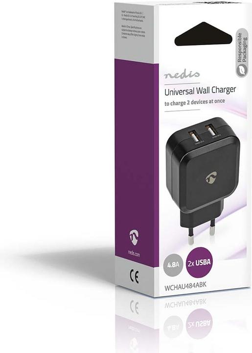 Immagine prodotto Nedis Caricatore di rete Funzione di ricarica rapida 2X 2,4 A Numero di uscite: 2X USB-A Nessun cavo (24 W)