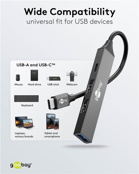 Image du produit Goobay Slim 4-Port USB-Hub, USB-C auf USB-C/USB-A, USB 3.2 (USB-C, 4 Ports)