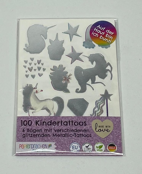 Actual product image Papierdrachen Metallic Tattoo Set 3 - Einhorn & Regenbogen