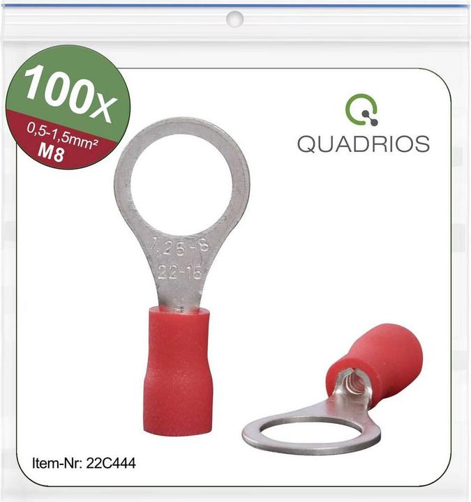 Produktbild Quadrios 22C444 Ringkabelschuh Querschnitt (max.)=1.5 mm² Loch-Ø=8.5 mm Teilisoliert Rot 1 Set