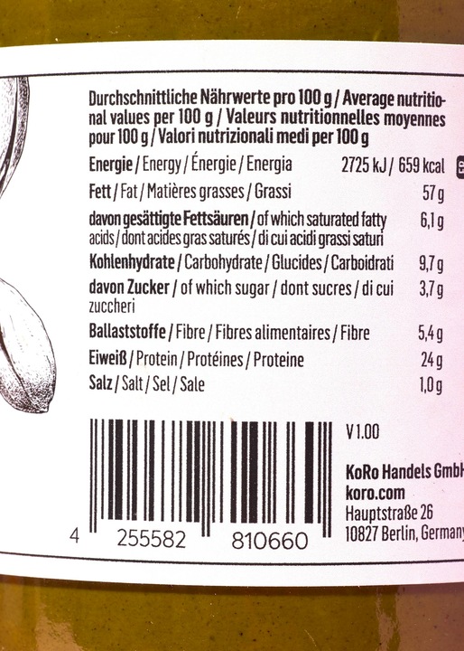 Nutritional values and ingredients KoRo Crunchy pistachio puree with 1 % salt (3000 g)