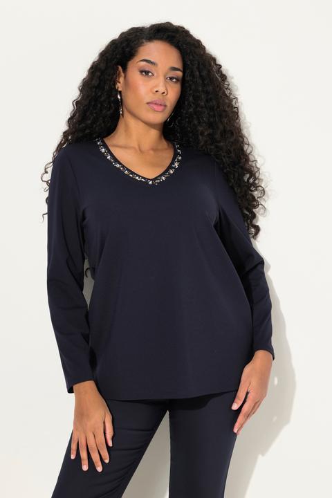 Actual product image Ulla Popken Rhinestone Neckline Long Sleeve V-Neck tee (58)
