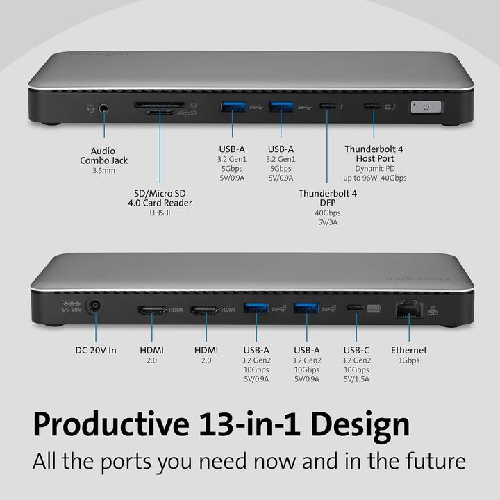 Image du produit Kensington Station d'accueil Thunderbolt 4, double moniteur 8K/4K, microSD, 96W, ports HDMI, Ethernet, USB (Thunderbolt, 13 ports)