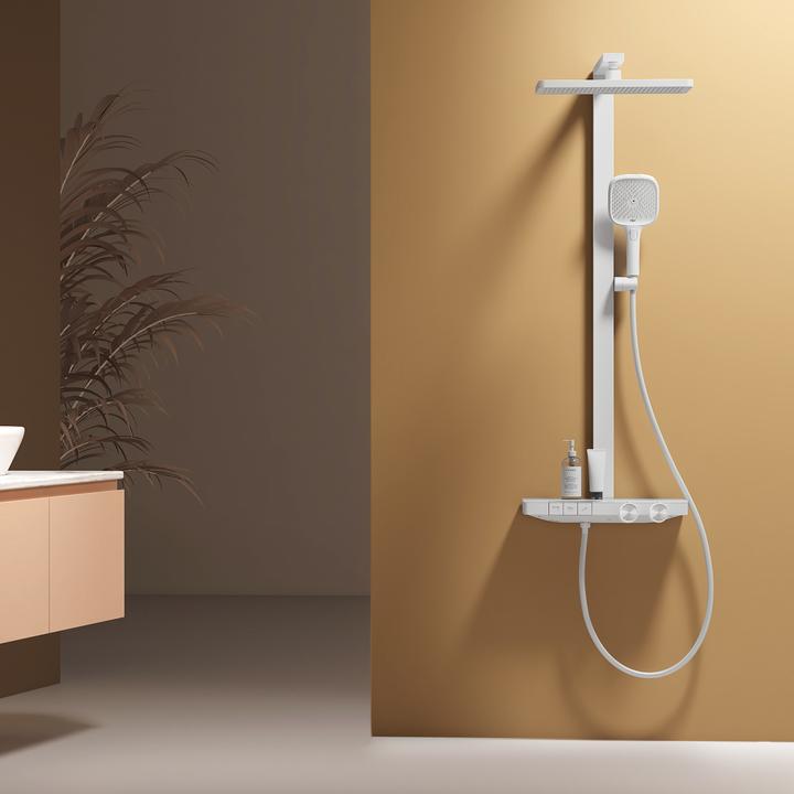 Produktbild Emke Duschsystem mit Thermostat Mattweiß Durchflussmenge einstellbar 4-Strahl-Handbrause inkl. Duschstang