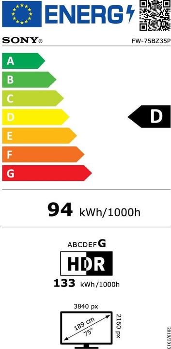 Energy Label Sony FW75BZ35PB.CEI 75IN (3840 x 2160 Pixels, 75")