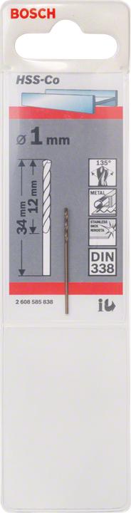 Produktbild Bosch Professional Zubehör Metallbohrer HSS-Co, DIN 338, 1 x 12 x 34 mm, 1er-Pack (1 mm)