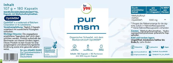 Nutritional values and ingredients For You pure msm (180 pcs., Capsules, 107 g)