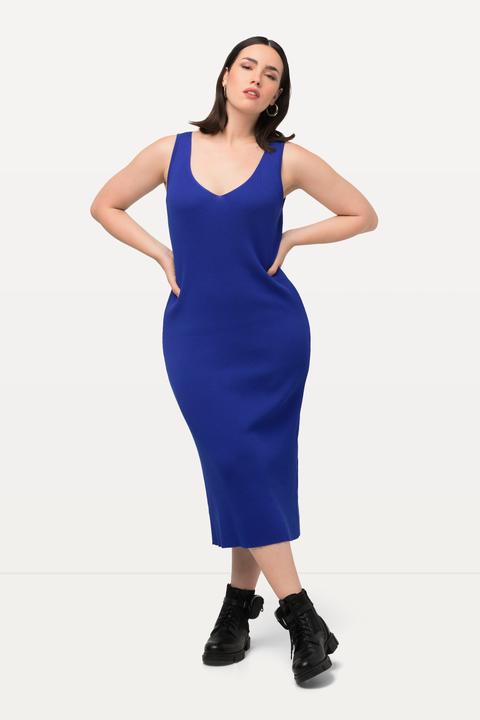 Produktbild Ulla Popken Strickkleid, Rippstrick, Slim, Midilänge, V-Ausschnitt, ärmellos (56)