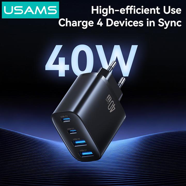 Actual product image Usams Wall charger T70 40W 2xUSB-A/2xUSB-C black (40 W, 4 ports)