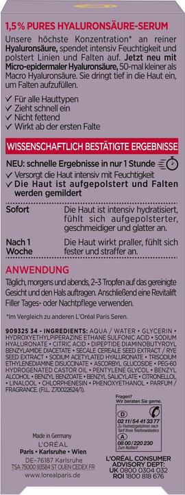 Nährwerte und Zutaten L'Oréal Paris Revitalift Hyaluron (30 ml)