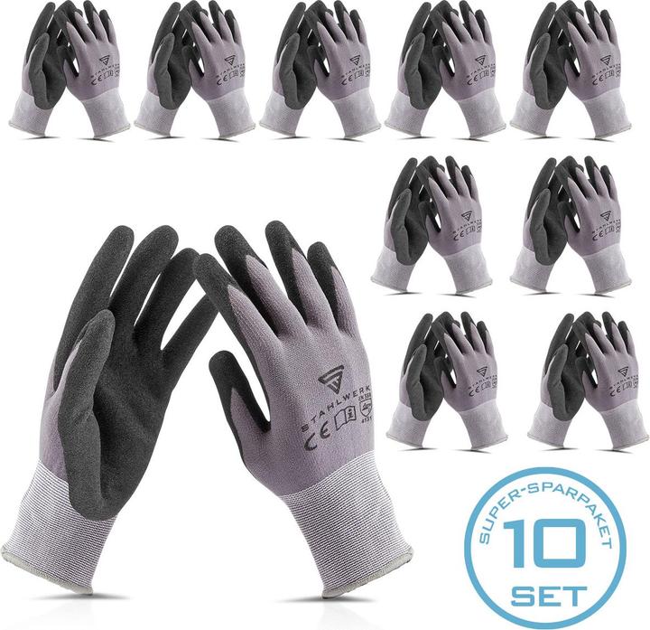 Produktbild Stahlwerk Montagehandschuhe 10 Paar, Grösse L mit Nitril PU-Beschichtung (L)