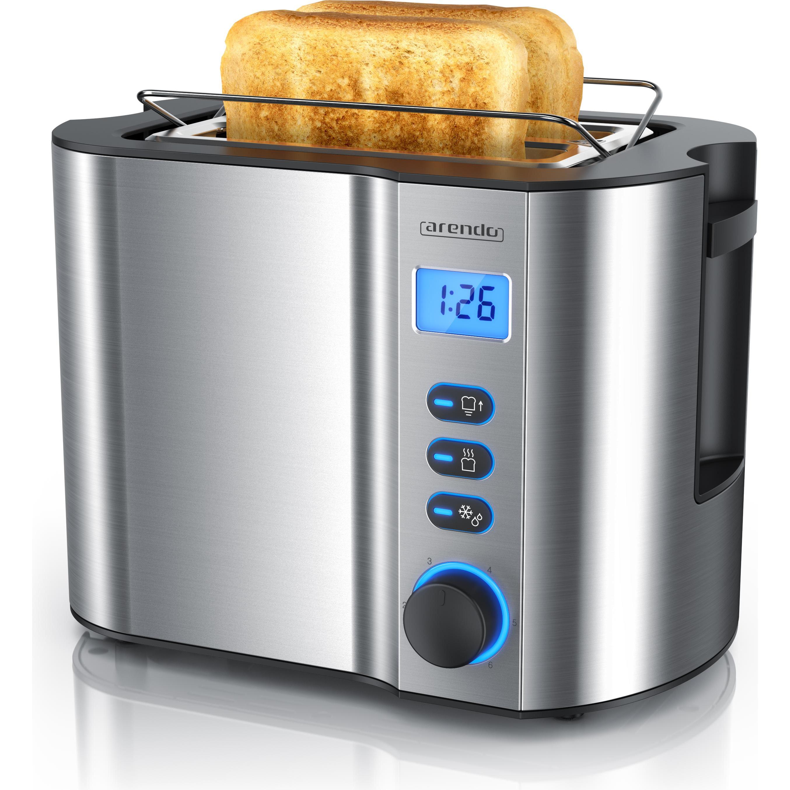 Arendo Toaster Edelstahl 2 Scheiben Kurzschlitz, Display mit Restzeitanzeige, Doppelwand, Brötchenaufsatz, Toaster, Silb...