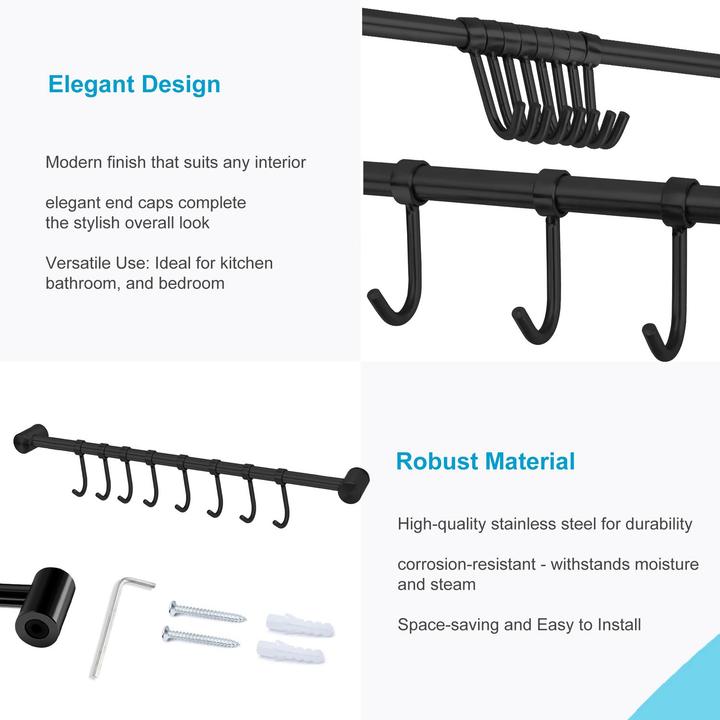 Actual product image Intirilife Stainless steel hanging rail with 8 hooks