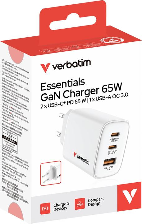 Immagine prodotto Verbatim GaN III Essentials Charger 3 Port 65W USB-A/C white (65 W, 3 porte)