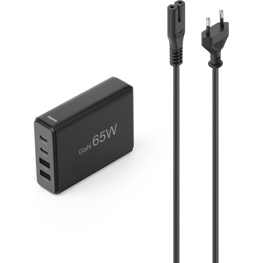 Hama Ladestation 4 Ports, GaN, Schnellladegerät, 2xUSB-C, 2xUSB-A, PD, 65 W, SW (65 W), USB Ladegerät, Schwarz