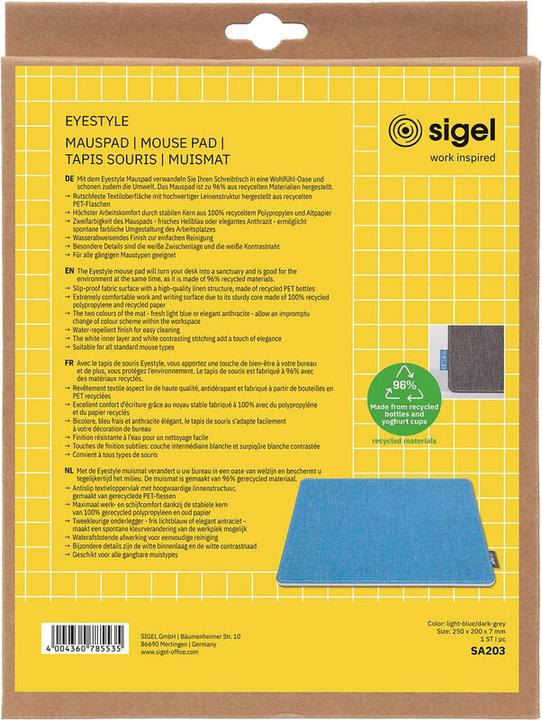 Actual product image Sigel Mouse Pad Eyestyle, light blue-dark grey, white middle layer and stitching, recycled PET, recycled P