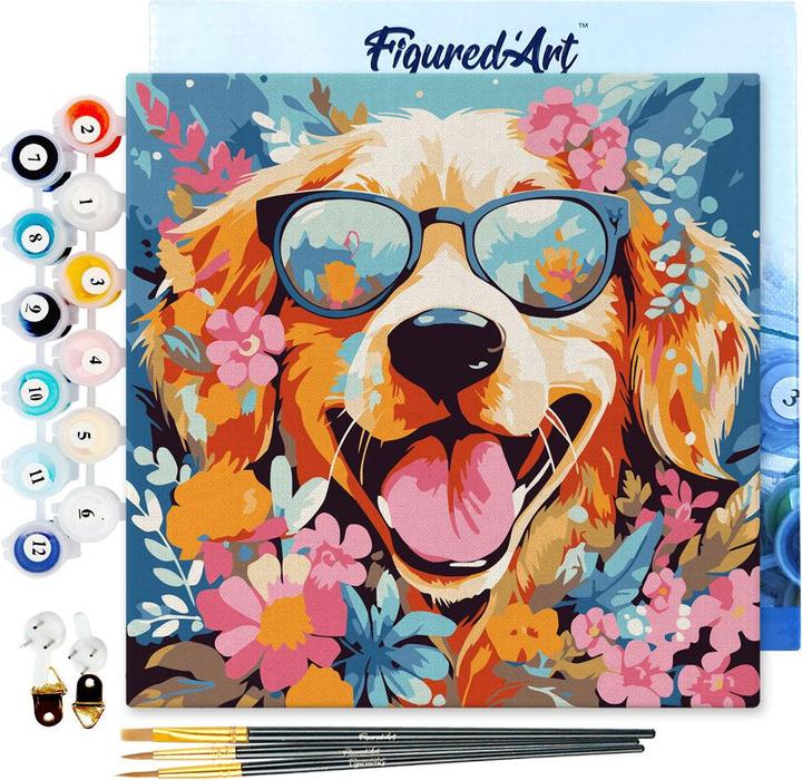 Image du produit Figured'Art Mini Peinture par Numéros avec Cadre - Chiot fantaisie et des fleurs