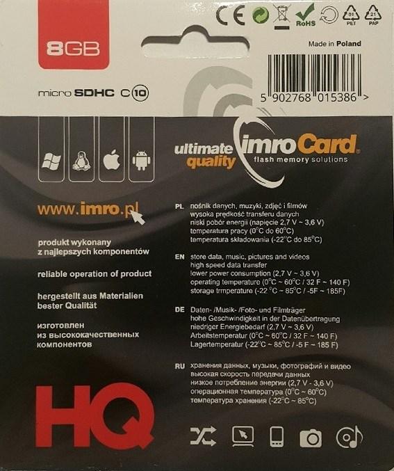 Image du produit IMRO 10/8G Carte mémoire 8 Go MicroSDHC classe 10 (8 Go, microSDHC, U1, UHS-I)