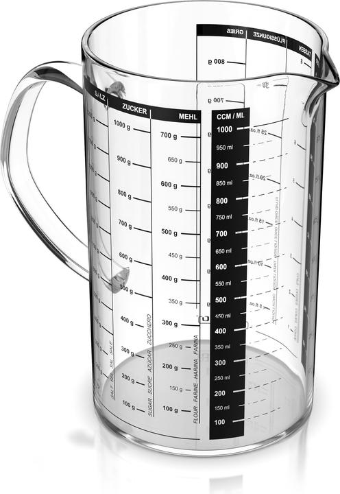 Arendo Messbecher 1l Messkrug, Borosilikatglas, Küchenbehälter, Skala, hitzebeständig, mikrowellengeeignet (1000 ml)