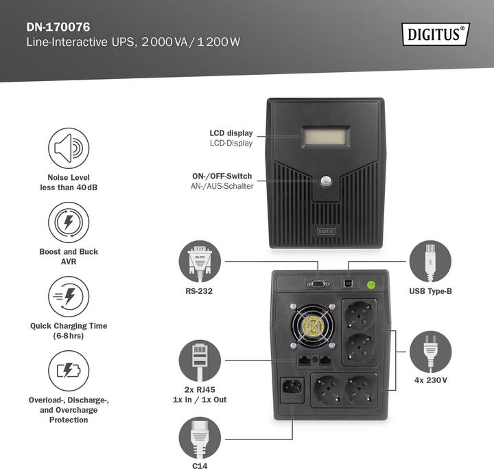 Actual product image Digitus Line Interactive UPS 2000VA/1200W black with LCD 4xSchuko RJ11/RJ45 1xRS232 1xUSB AVR H205xW397x... (2000 VA, 1200 W, Line-interactive UPS)