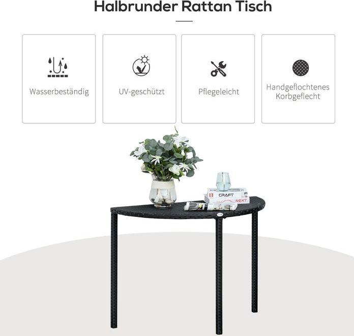 Actual product image Swisshandel24 Balcony table Semicircular garden side table made of polyrattan and metal, black, 100x50x74cm