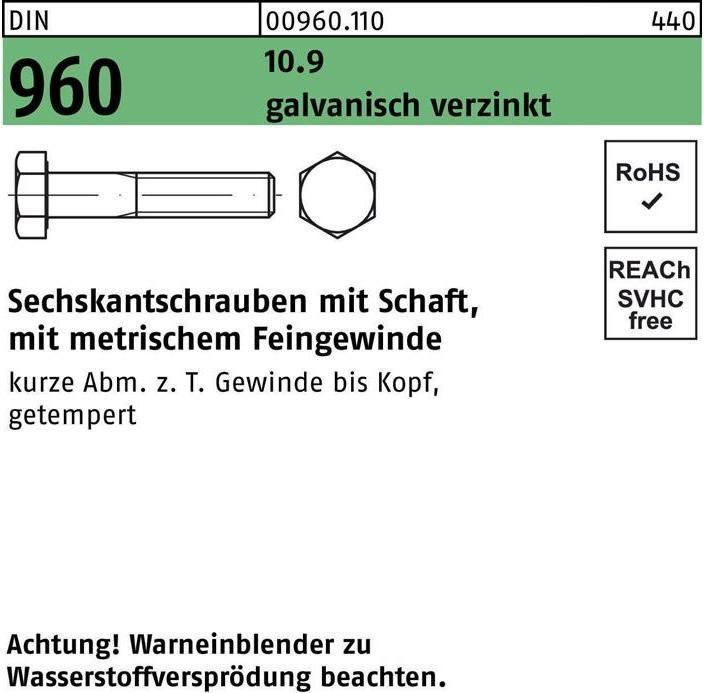 Actual product image Hexagon head screw DIN 960 w.shank M 12 x1,5 x 45 10.9 galvanised (100 Screws per piece)