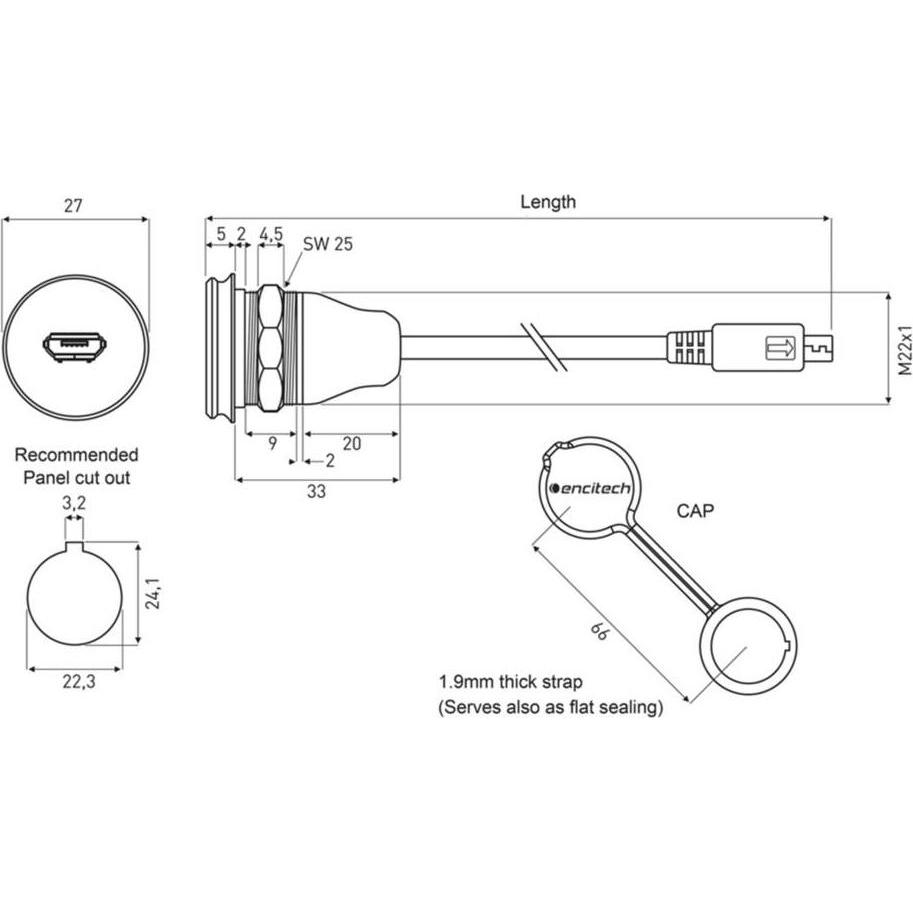 Thumbnail - Encitech Micro USB 2.0 Typ B Chassisbuchse, Einbau 1310-1023-01 M22 1310-1023-01, Elektronikkabel + Stecker, Schwarz