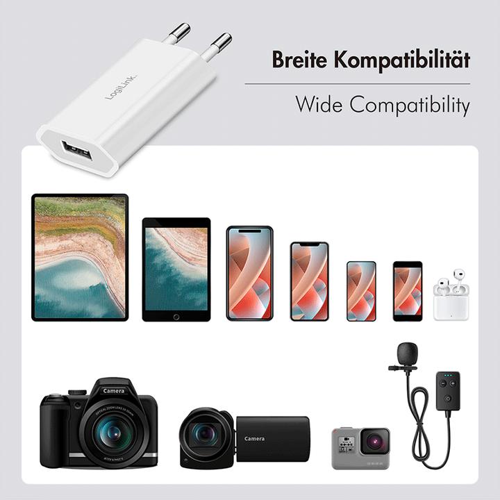 Productafbeelding LogiLink USB-A Steckdosenadapter, 5 W, 5 V/1 A, 1x USB-A, Weiss (5 W, 1 portie)