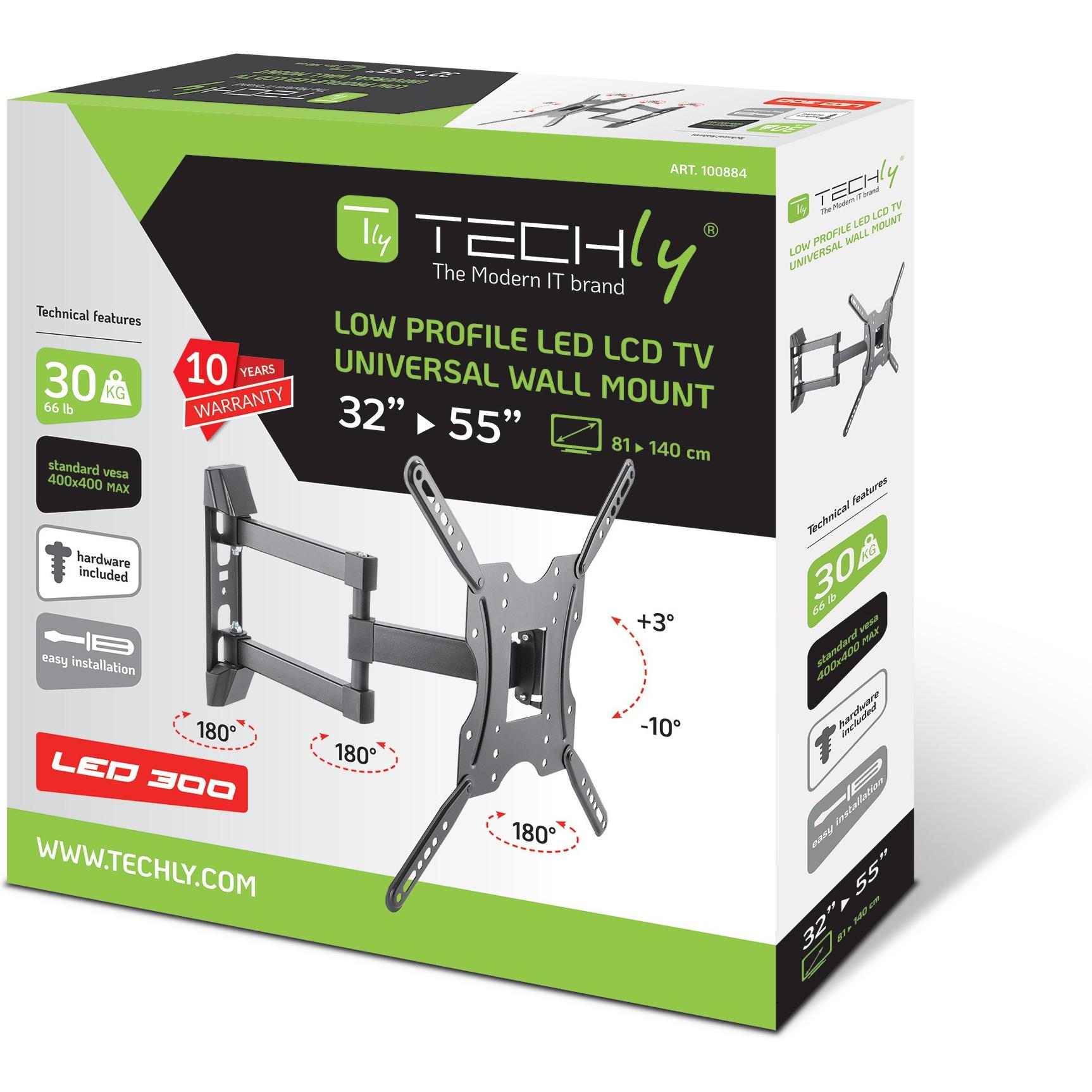 Thumbnail - Techly Klammer für LCD-Display - Schwarz - Bildschirmgrösse: 81.3-139.7 cm (32"-55") (Wand, 55", 30 kg), TV Wandhalterun...