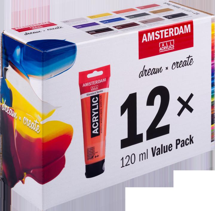 Assortiert, azo-orange, Gelber Ocker, Oxidschwarz, Primärgelb, primärzyan, Pyrrolrot, Saftgrün, Siena gebrannt, Titanweiss, Ultramarinviolett, Umbra gebrannt, Warmgrau