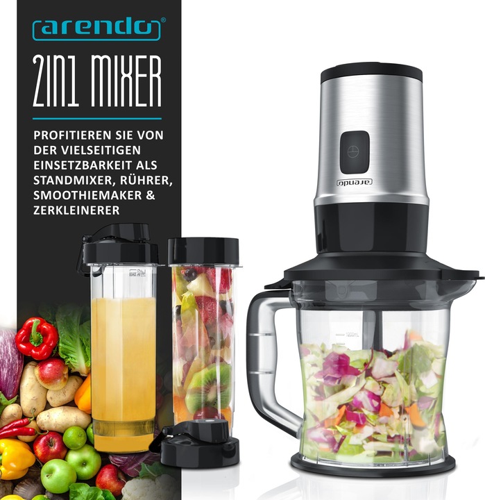 Immagine prodotto Arendo Impastatrice 700 W, frullatore e tritatutto in acciaio inox 1,2L 2IN1 incl. 2x vasi per frullatore (1200 ml, 700 W)
