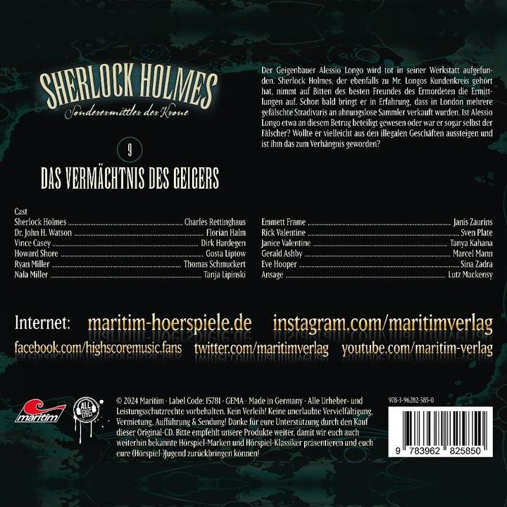 Produktbild Sherlock Holmes 09: Das Vermächtnis Des Geigers (Florian Halm, Charles Rettinghaus, Dirk Hardegen, Deutsch)
