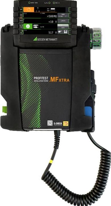 1x shoulder strap, 2x crocodile clips, 1x PROFITEST MF XTRA, 1x earthing contact plug insert (country-specific), 1x 2-pole measuring adapter and, 1x cable for extension to the 3-pin adapter (PRO-A3-II)
