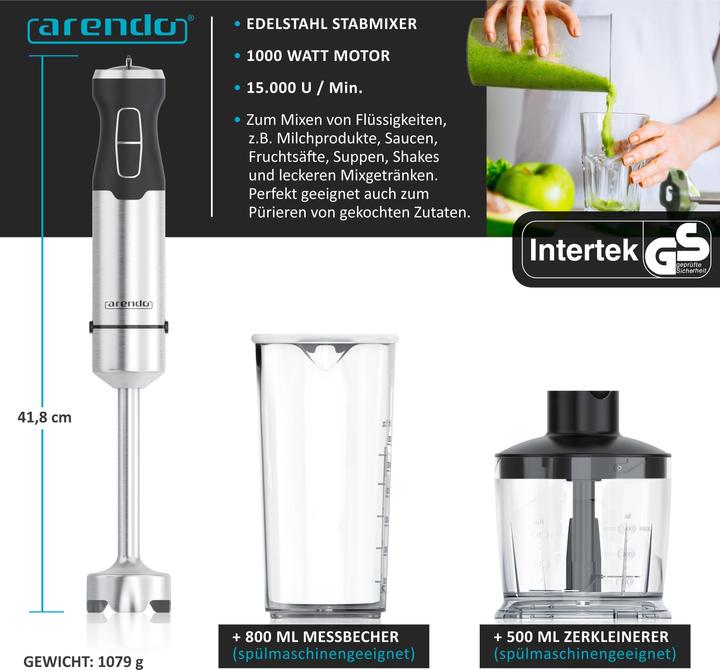 Produktbild Arendo Stabmixer mit Messbecher, 1000W, Edelstahl, vierflügeliges Messer, Pürierstab, DC Motor, Turbotaste