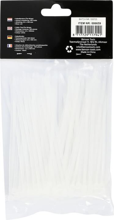 Produktbild Benson Kabelbinder 2.5 x 100 mm 100-tlg weiss (Kunststoffkabelbinder, 100 mm, 100 Stk.)