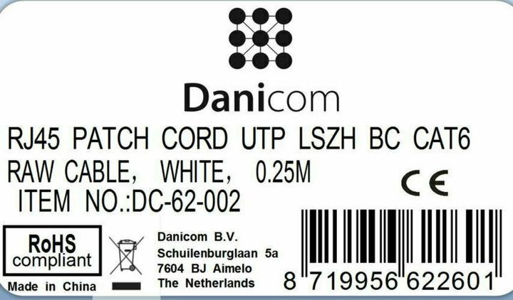 Produktbild Dsit CAT6 Netzwerkkabel, U/UTP, 0,25 Meter, Weiss, 100% Kupfer (U/UTP, CAT6, 0.25 m)