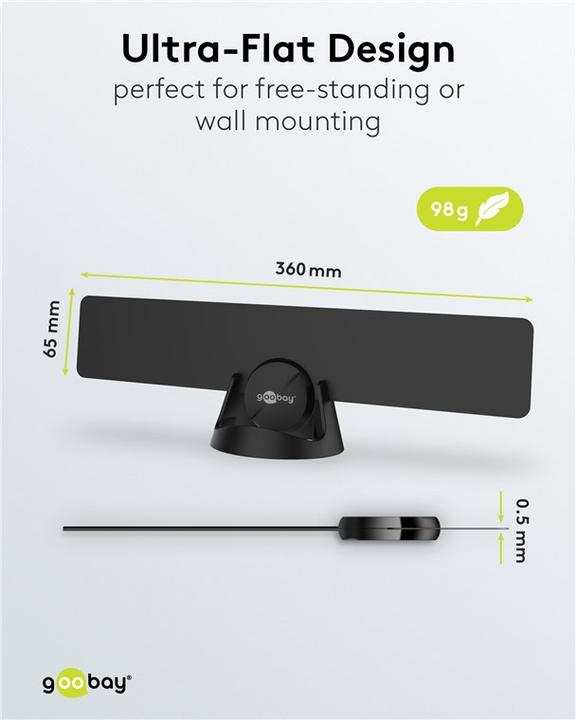 Image du produit Goobay Antenne intérieure ultraplate Full HD DVB-T, filtre LTE/4G inclus, noir (Antenne d'intérieur, 16 dB, DVB-T / -T2)