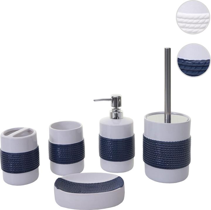 Produktbild Swisshandel24 5-teiliges Badset, WC-Garnitur Badezimmerset Badaccessoires, Keramik - blau/weiss