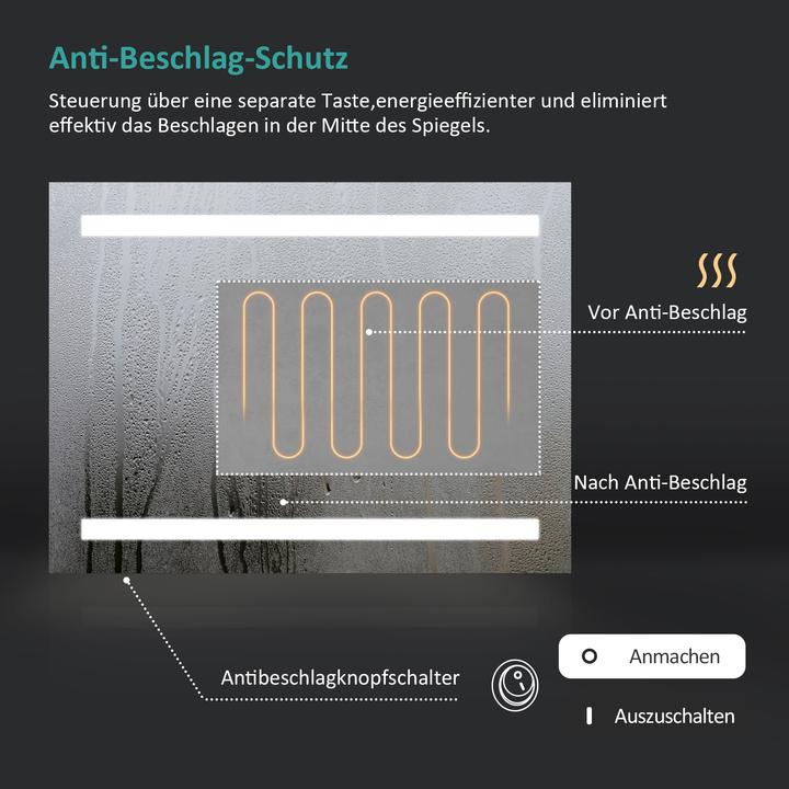 Produktbild Emke LED Badspiegel 60x45cm mit Touch-Schalter, Antibeschlag, Sicherheitsfolie, Warmweiss/Kaltweiss, IP44 (60 x 45 cm)
